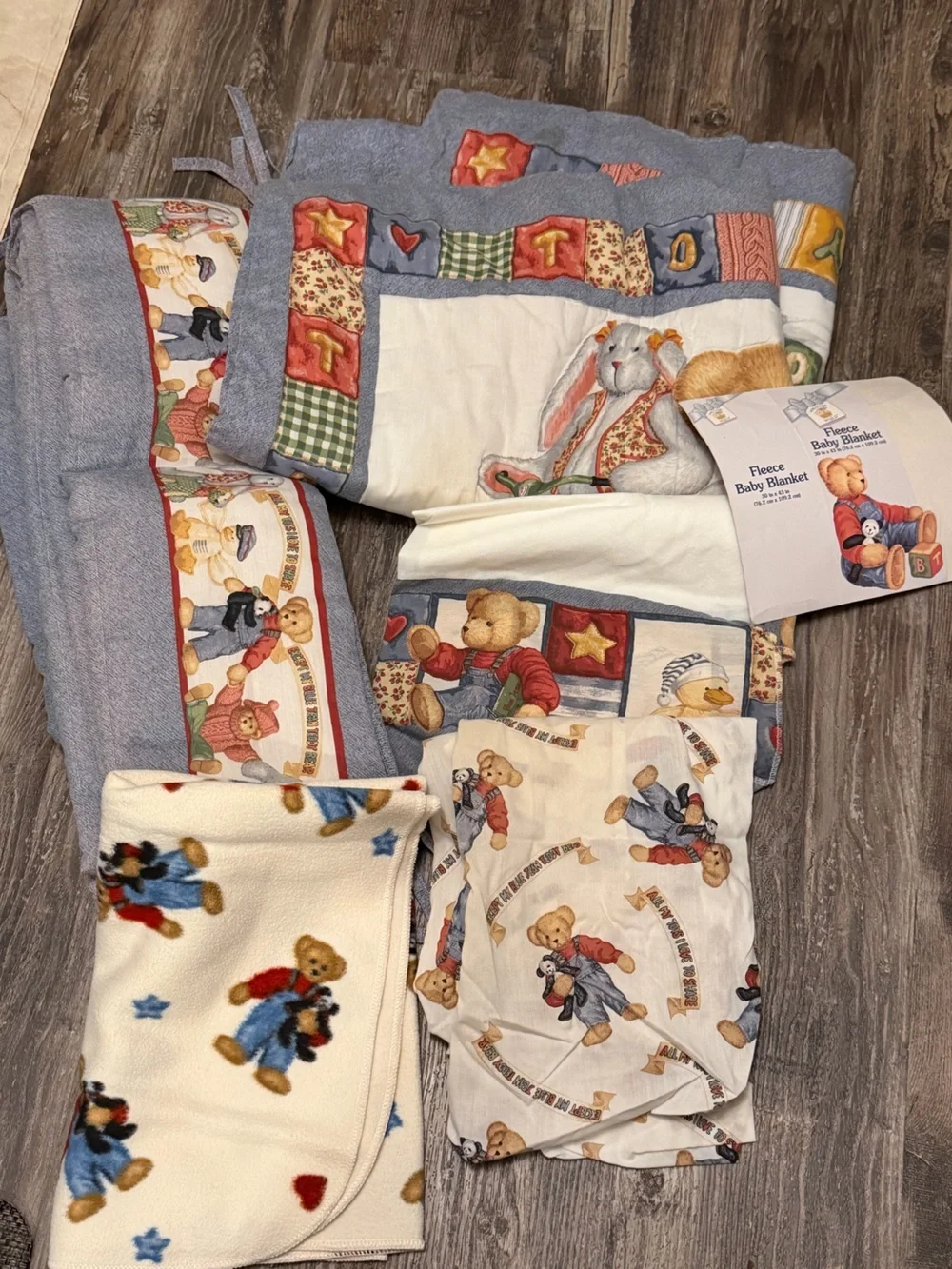 Vintage Blue Jean Teddy Baby Comforter & Crib Sheet Noah’s Ark